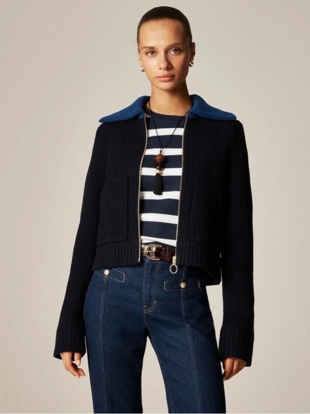 NWT J. Crew Colorblock Collared Full-zip Sweater Wool Navy Blue